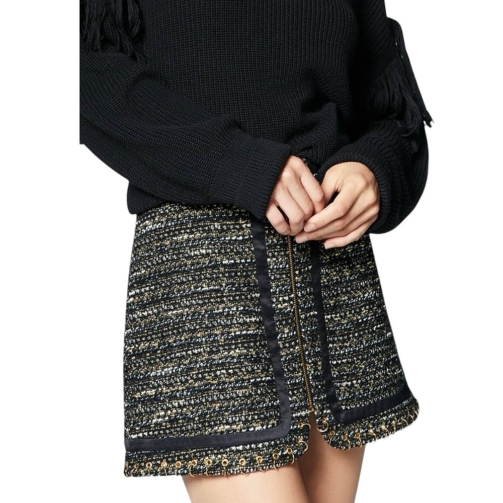 RAMY BROOK Rhonda Tweed Zip-Front Mini Skirt Gold Zipper Hardware Size‎ 8 Black - Picture 2 of 15